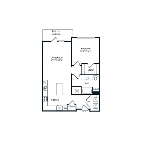 Floor plan for 1 bed, 1 bath, 827 sqft